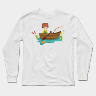 Fishing Boy, Fishing Rod, Fisherman, Brown Hair Long Sleeve T-Shirt